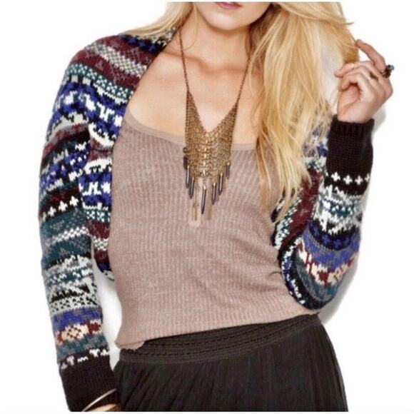 Free People Fair Isle Carnival Knit Cropped Shrug Sweater Size S - Picture 2 of 12